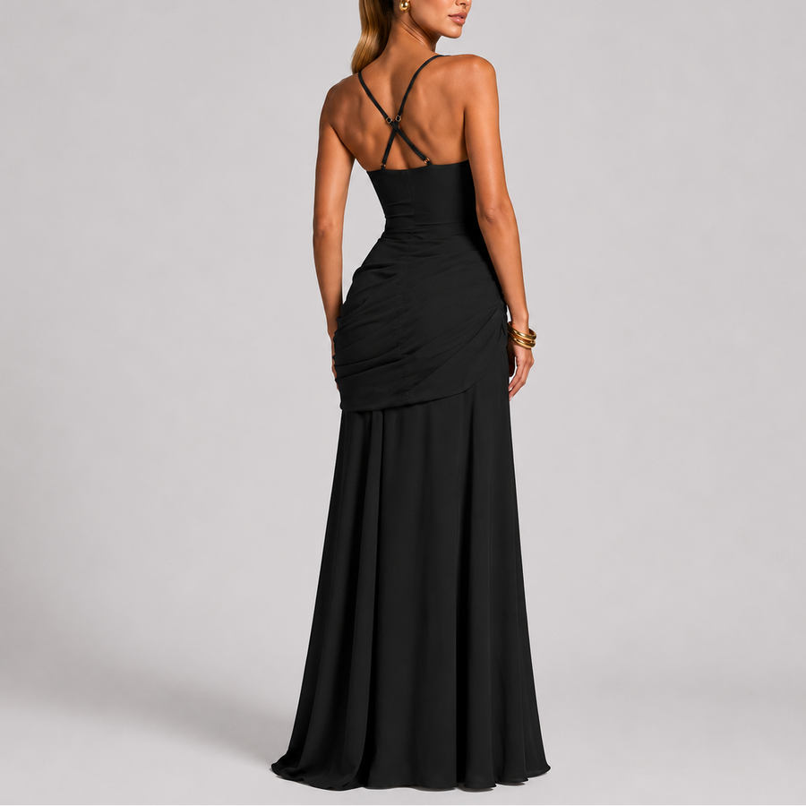 Women's Elegant Ruched Maxi Dress Sleeveless V-Neck Fitted Evening Occasion