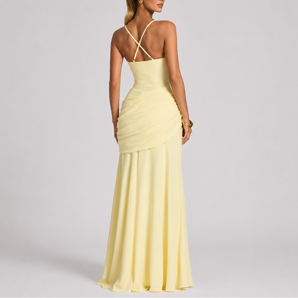 Women's Elegant Ruched Maxi Dress Sleeveless V-Neck Fitted Evening Occasion