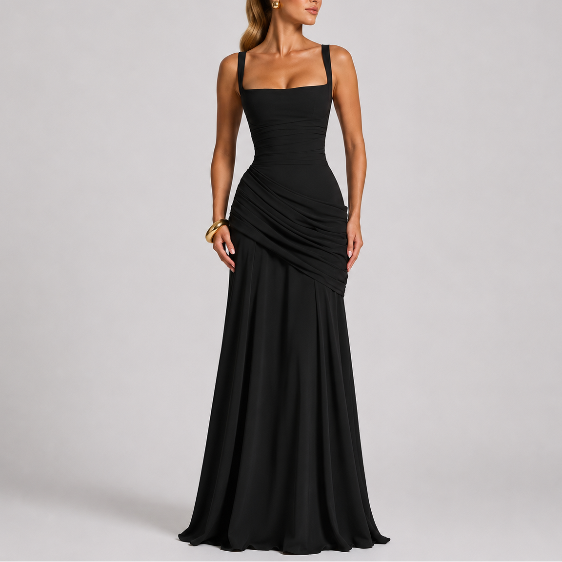 Women's Elegant Ruched Maxi Dress Sleeveless V-Neck Fitted Evening Occasion