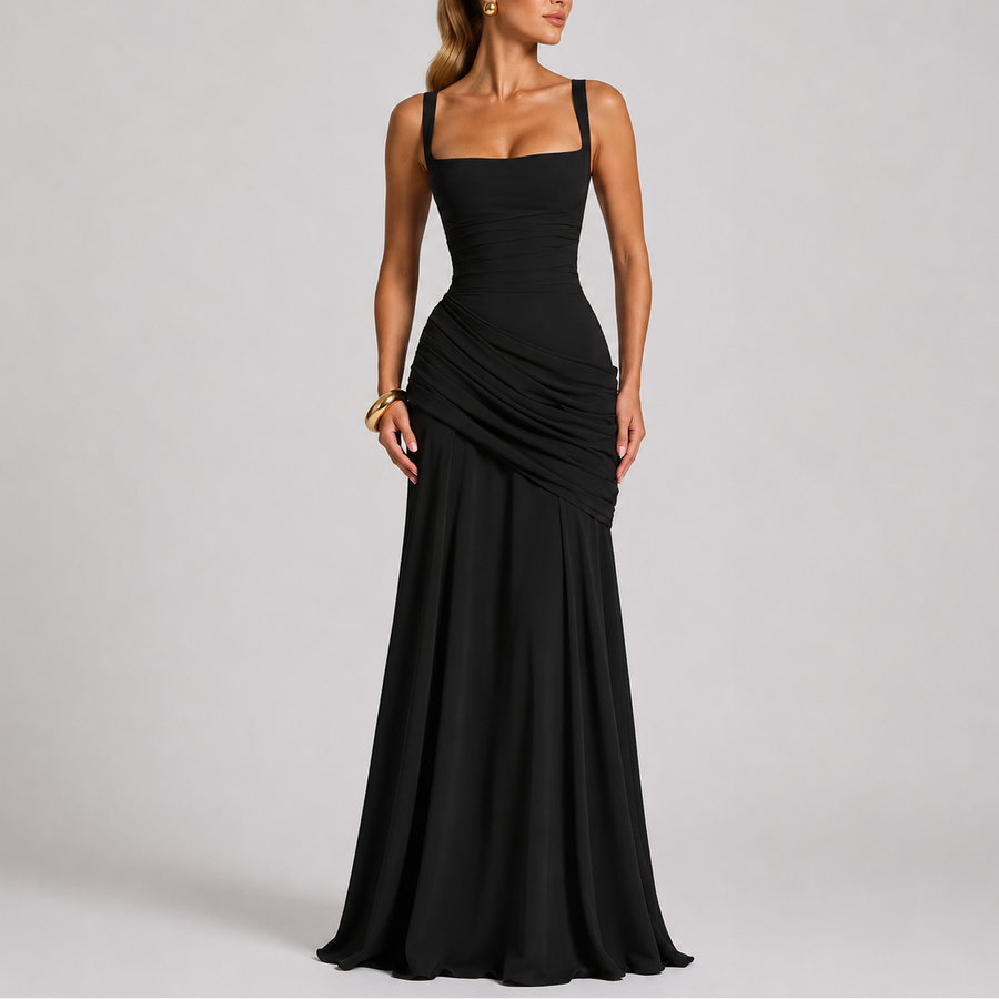 Women's Elegant Ruched Maxi Dress Sleeveless V-Neck Fitted Evening Occasion