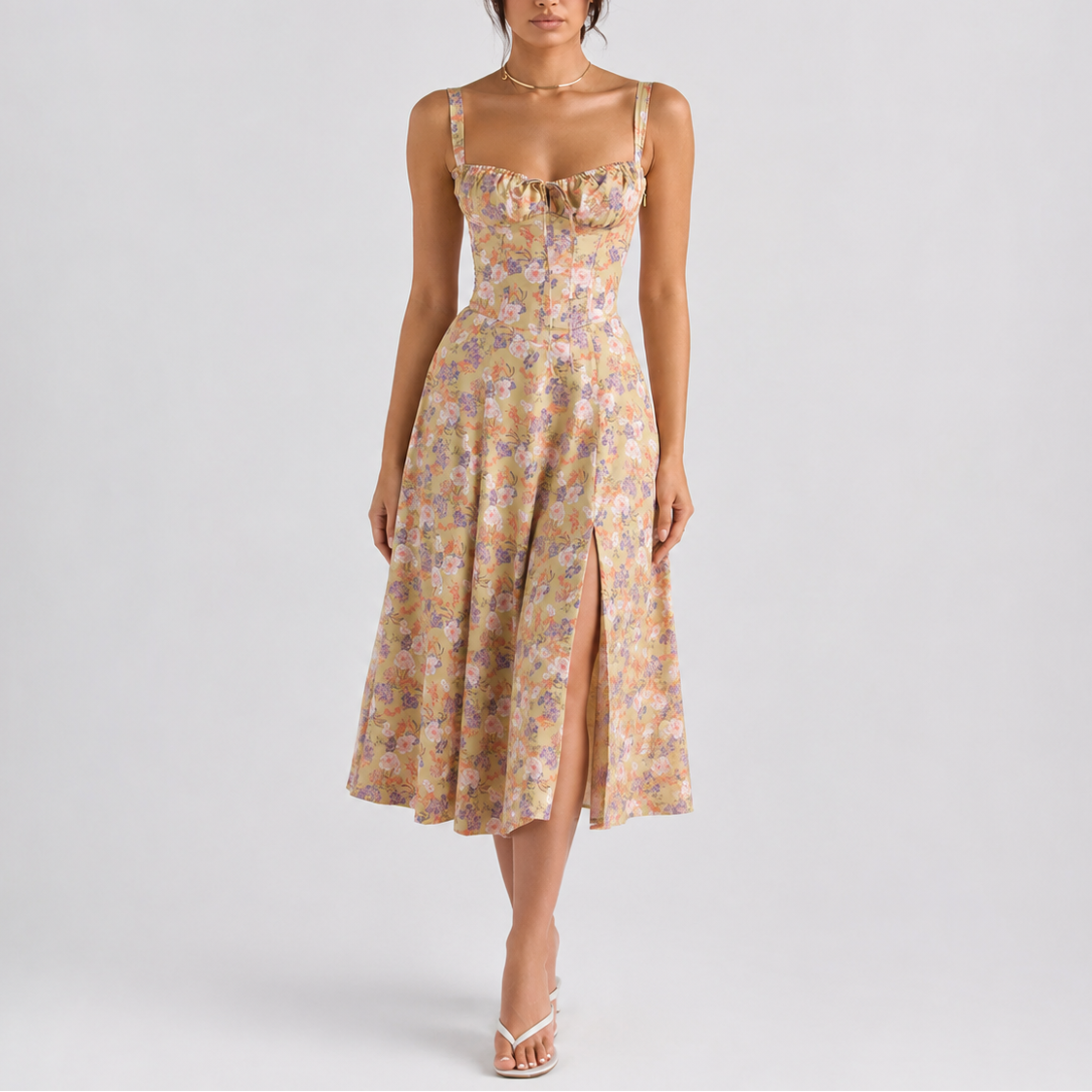 Women’s Elegant Midi Dress Ruched Bust Fitted Style Evening Occasion