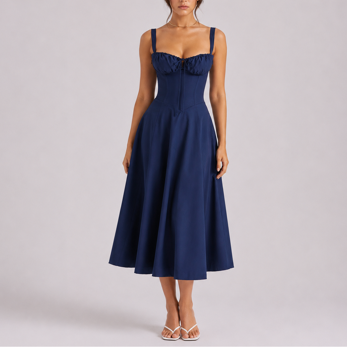 Women’s Elegant Midi Dress Ruched Bust Fitted Style Evening Occasion