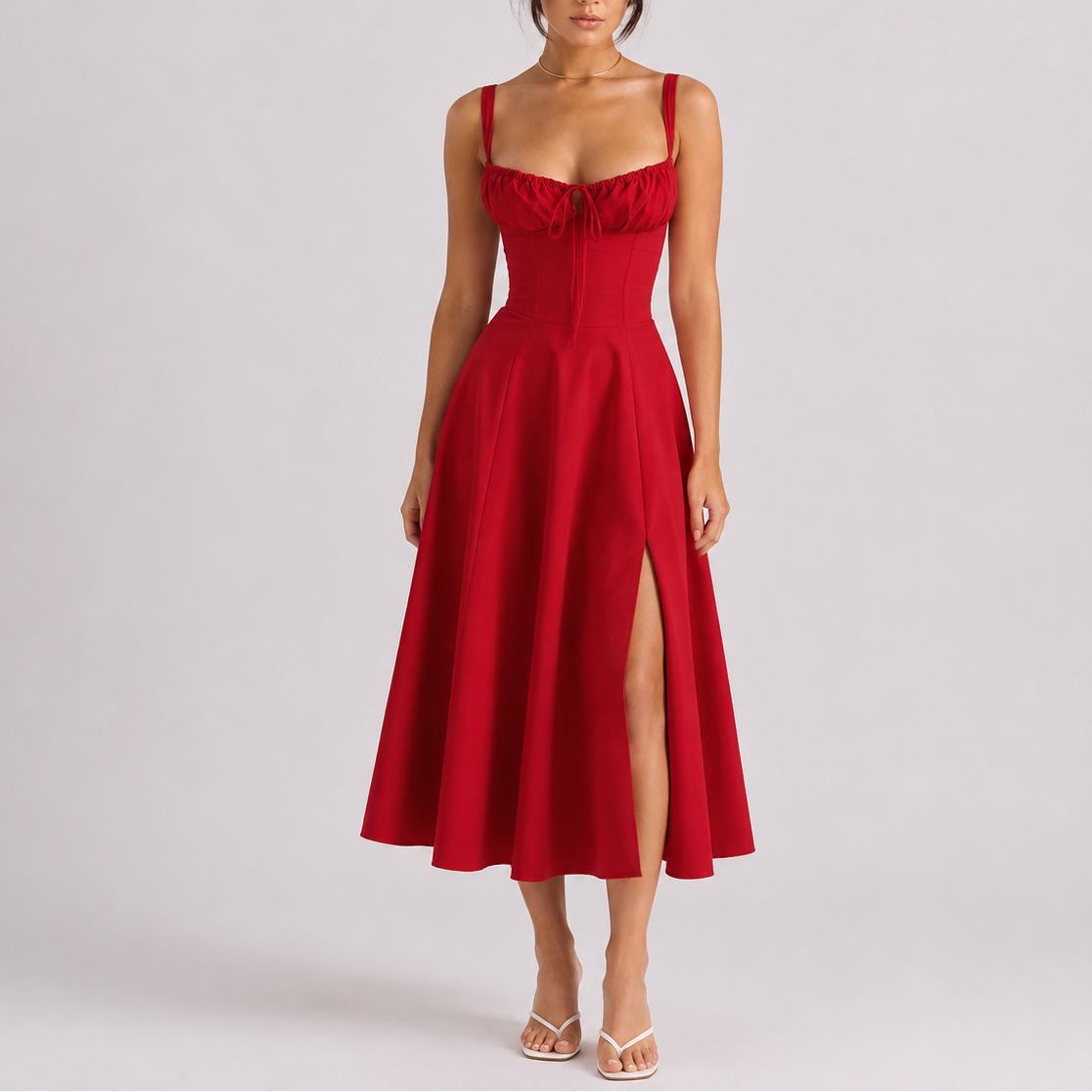 Women’s Elegant Midi Dress Ruched Bust Fitted Style Evening Occasion