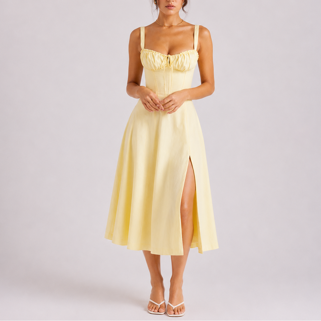 Women’s Elegant Midi Dress Ruched Bust Fitted Style Evening Occasion