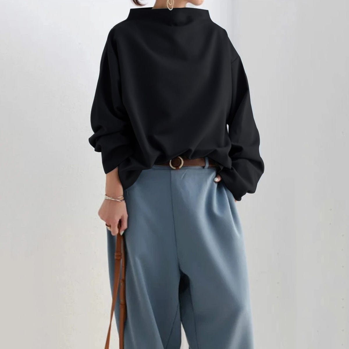 Women's High-Neck Soft Knit Top Long Sleeve Fitted Casual Everyday