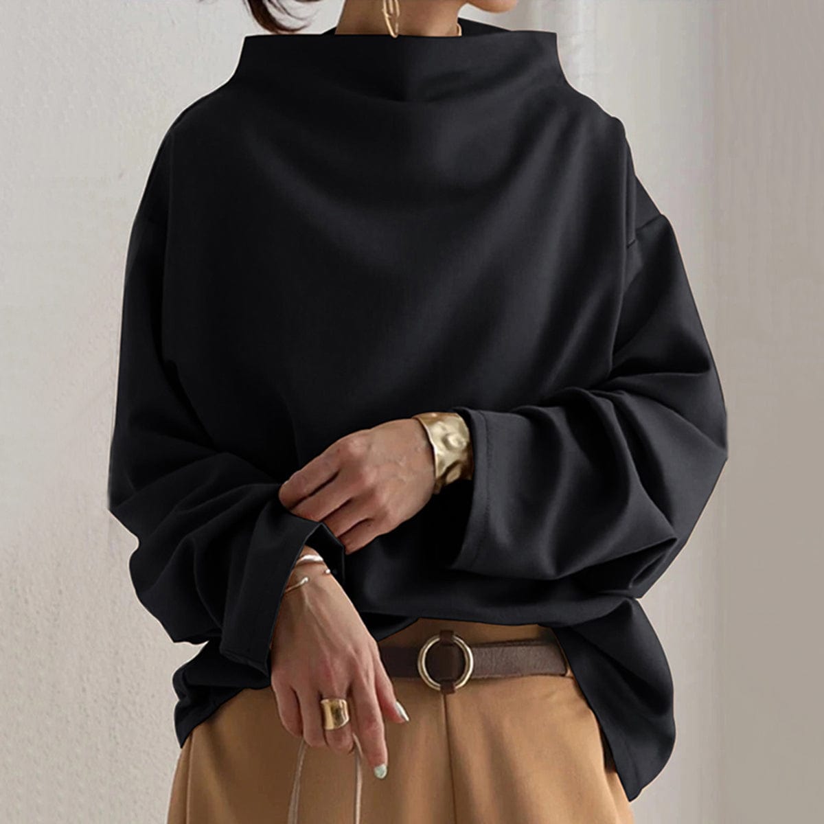 Women's High-Neck Soft Knit Top Long Sleeve Fitted Casual Everyday