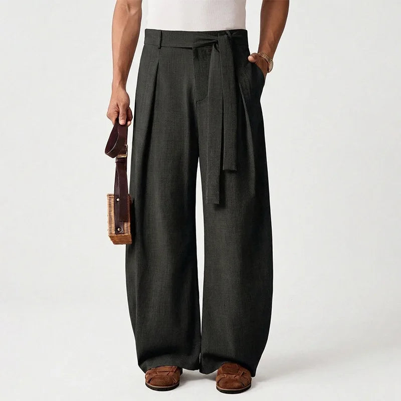 Men's Pleated Wide Leg Trousers High-Waisted Relaxed Fit Smart-Casual Stylish