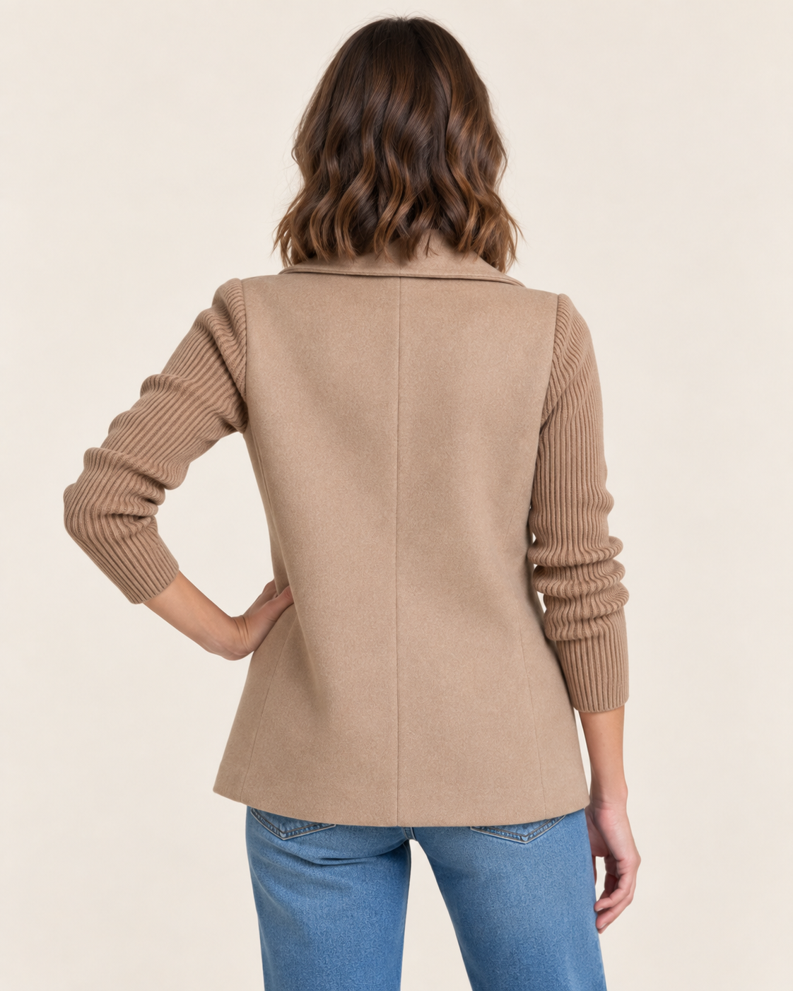 Women's Double-Breasted Blazer Jacket with Ribbed Knit Sleeves