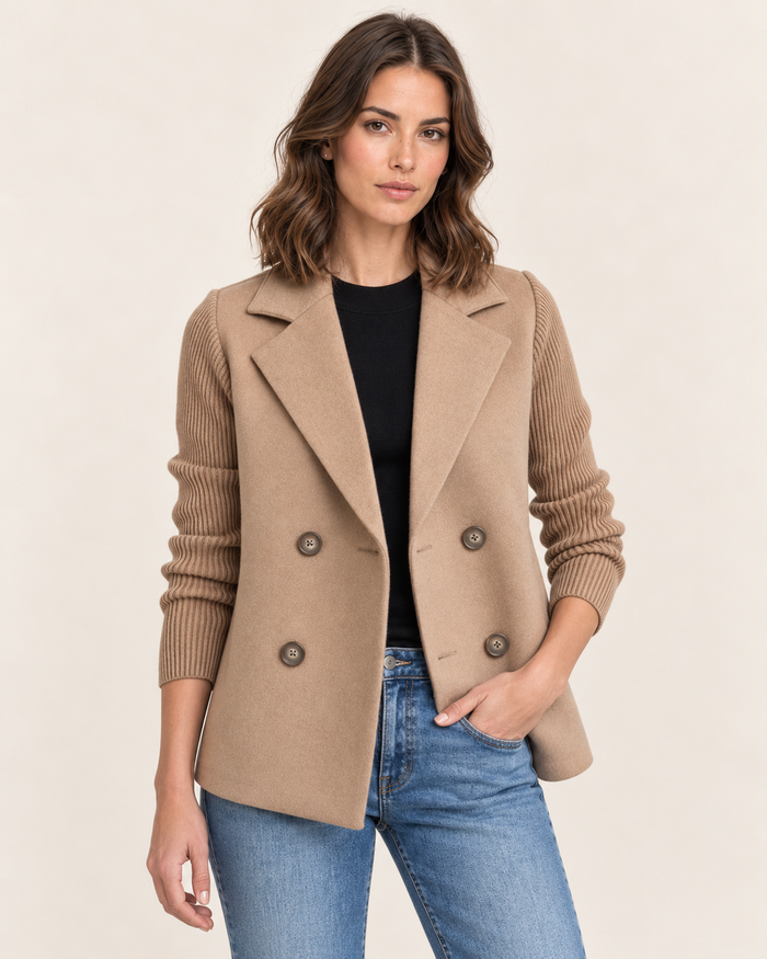 Women's Double-Breasted Blazer Jacket with Ribbed Knit Sleeves in Beige