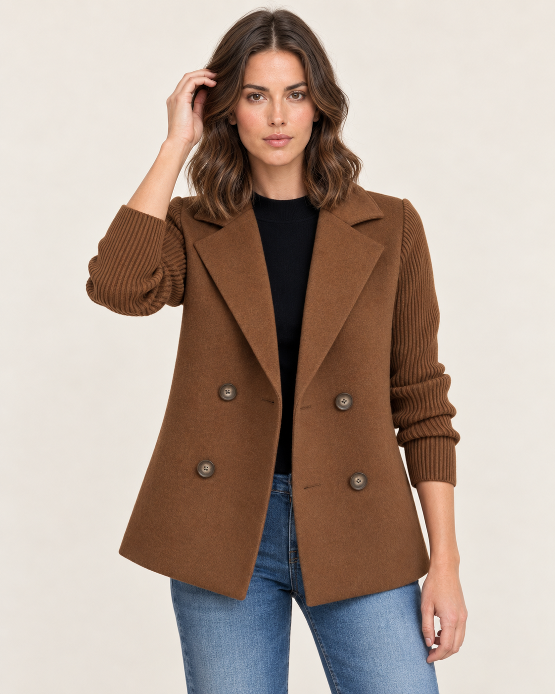 Women's Double-Breasted Blazer Jacket with Ribbed Knit Sleeves in Brown