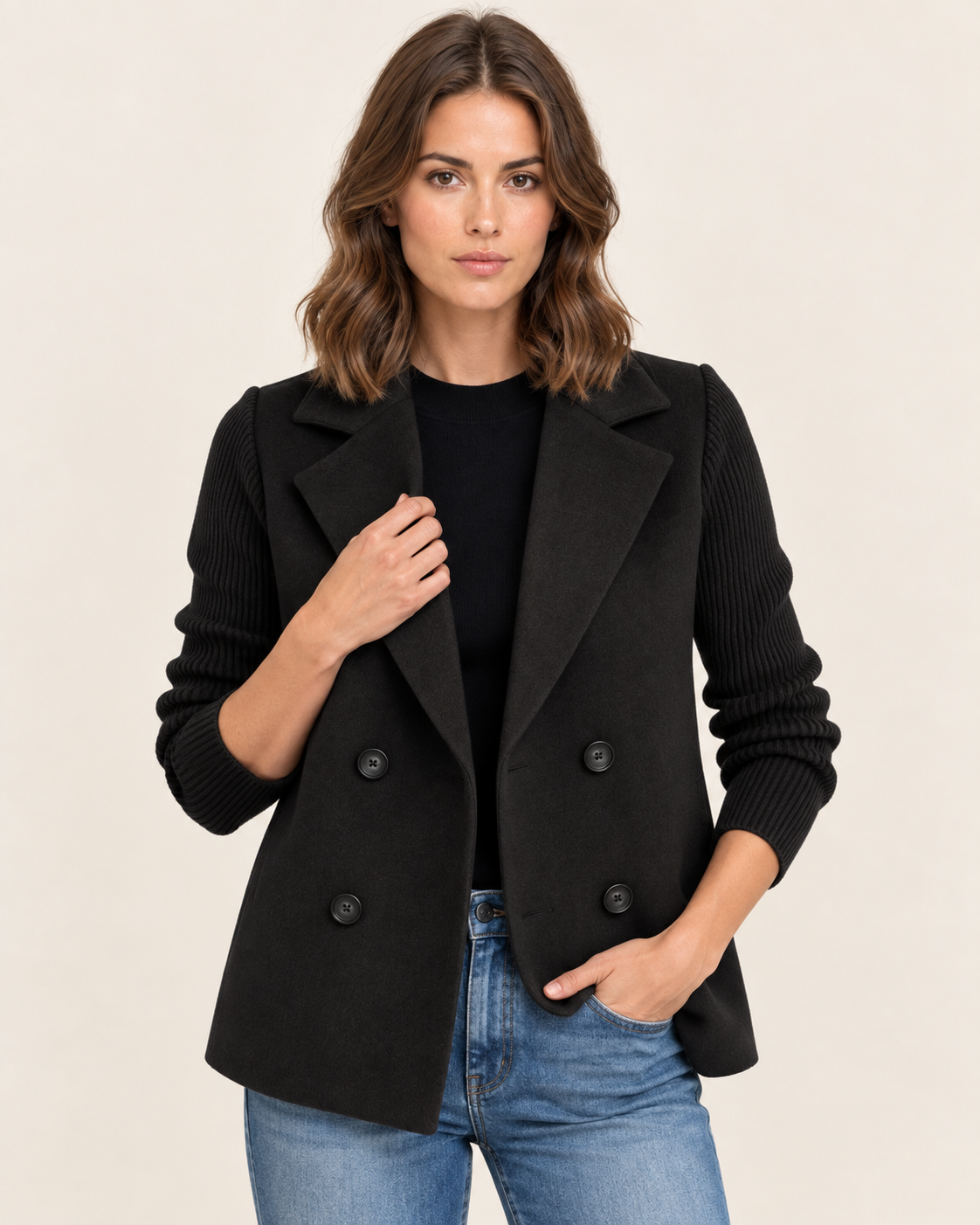 Women's Double-Breasted Blazer Jacket with Ribbed Knit Sleeves in Black