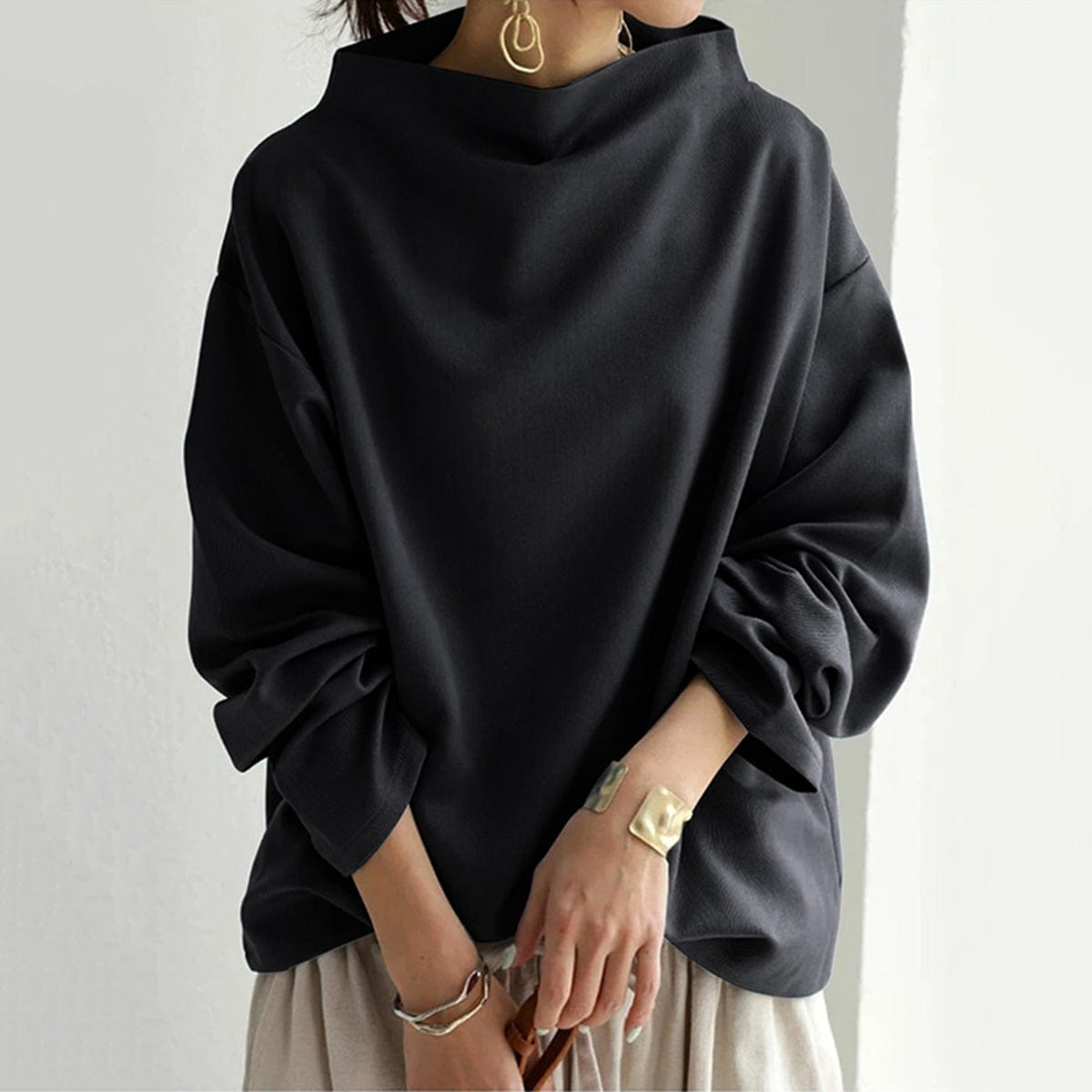 Women's High-Neck Soft Knit Top Long Sleeve Fitted Casual Everyday