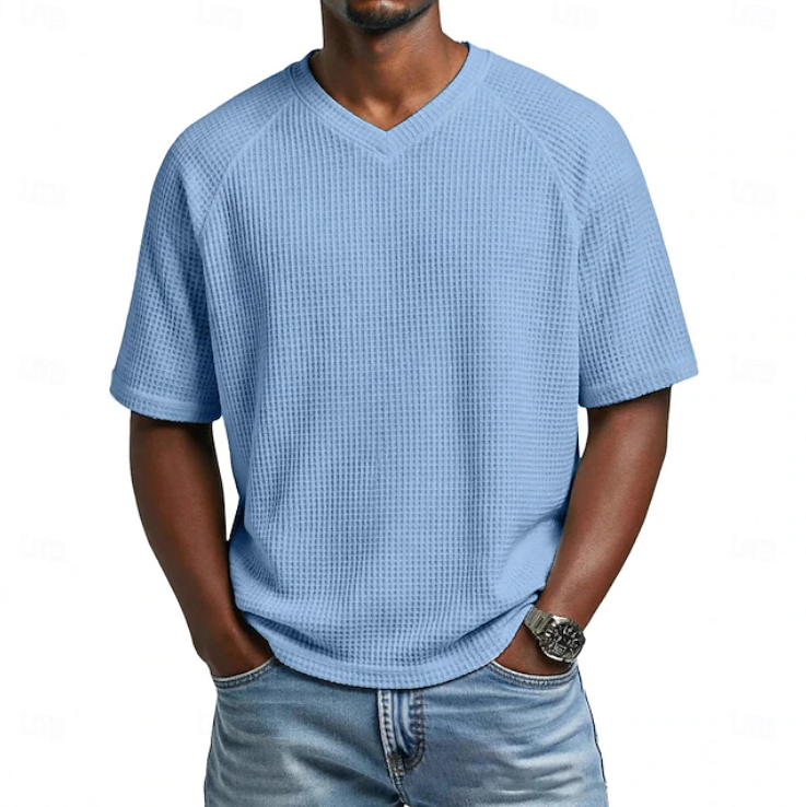 Men's Waffle Knit V-Neck Tee — Relaxed Fit, Short Sleeve, Casual Everyday Wear