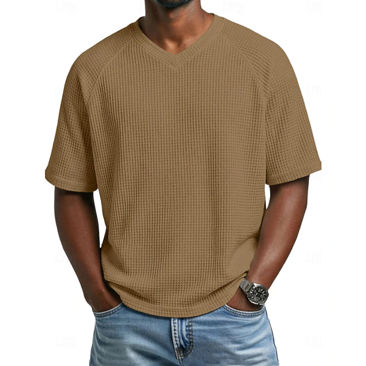 Men's Waffle Knit V-Neck Tee — Relaxed Fit, Short Sleeve, Casual Everyday Wear