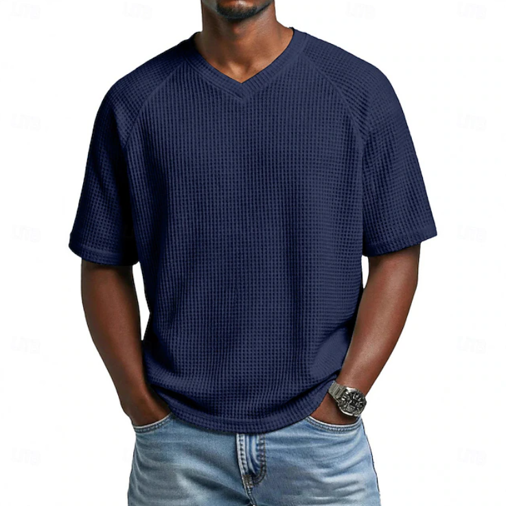 Men's Waffle Knit V-Neck Tee — Relaxed Fit, Short Sleeve, Casual Everyday Wear