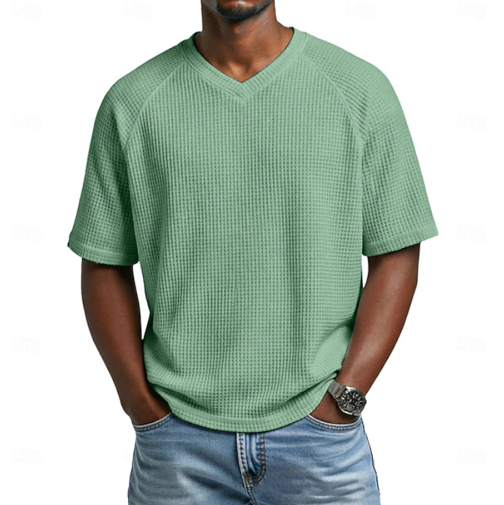 Men's Waffle Knit V-Neck Tee — Relaxed Fit, Short Sleeve, Casual Everyday Wear