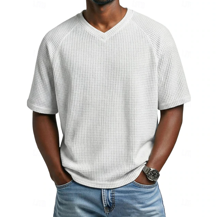 Men's Waffle Knit V-Neck Tee — Relaxed Fit, Short Sleeve, Casual Everyday Wear