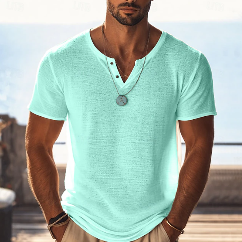 Men's Textured Henley V-Neck T-Shirt Short Sleeve Casual Summer Wear