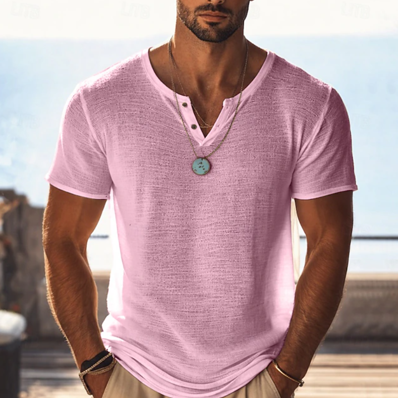 Men's Textured Henley V-Neck T-Shirt Short Sleeve Casual Summer Wear