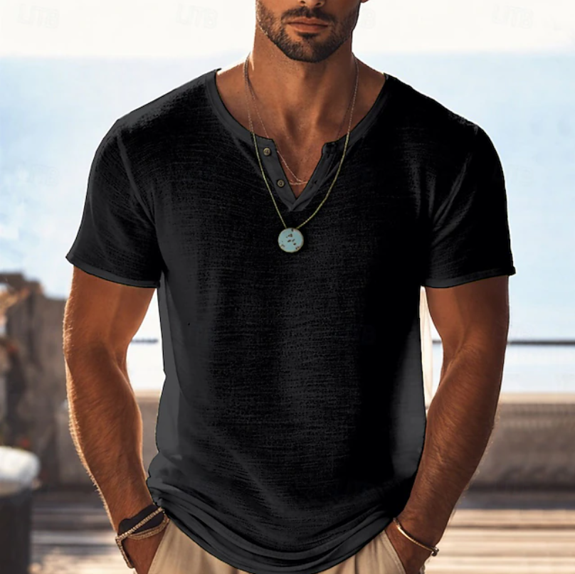 Men's Textured Henley V-Neck T-Shirt Short Sleeve Casual Summer Wear