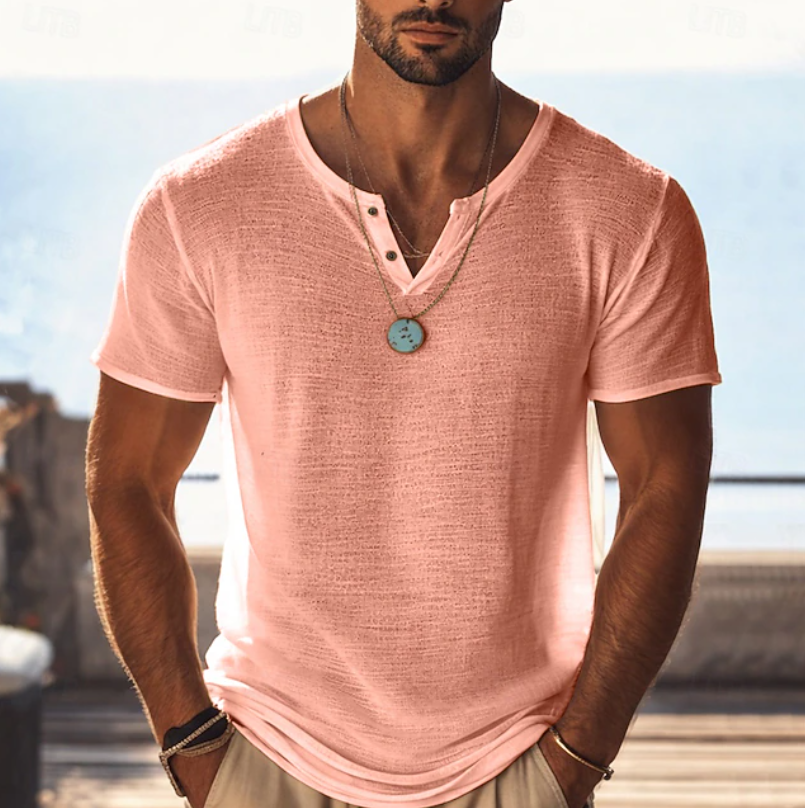 Men's Textured Henley V-Neck T-Shirt Short Sleeve Casual Summer Wear