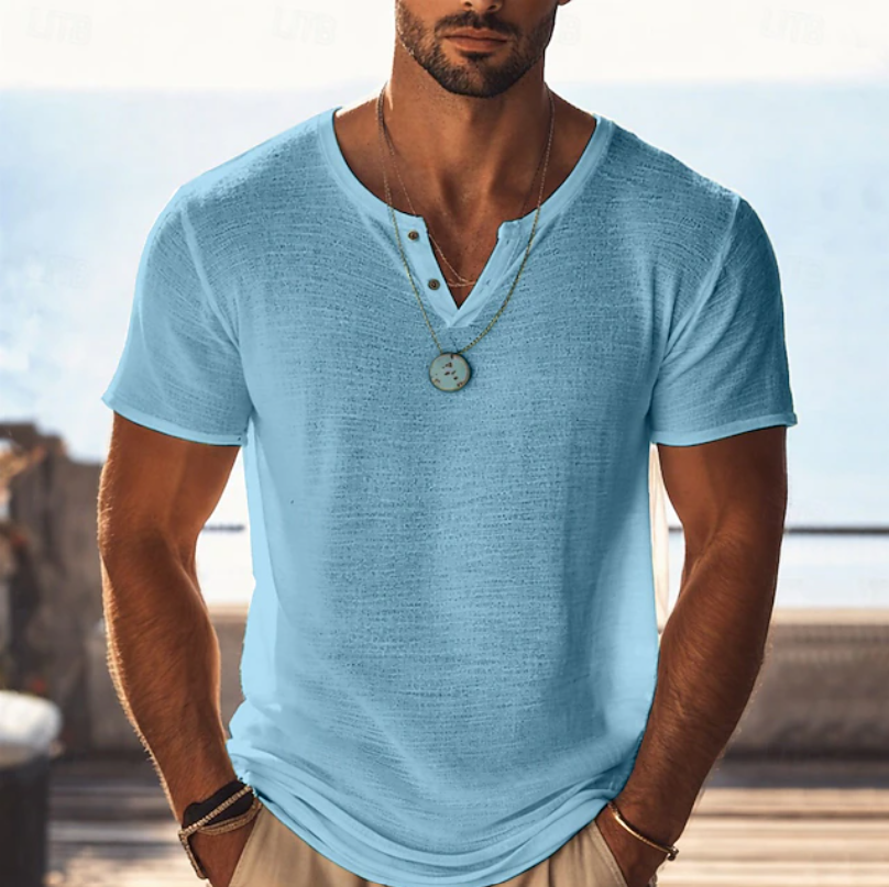 Men's Textured Henley V-Neck T-Shirt Short Sleeve Casual Summer Wear