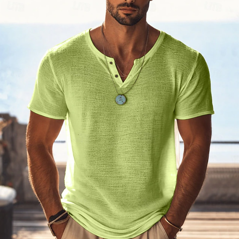Men's Textured Henley V-Neck T-Shirt Short Sleeve Casual Summer Wear
