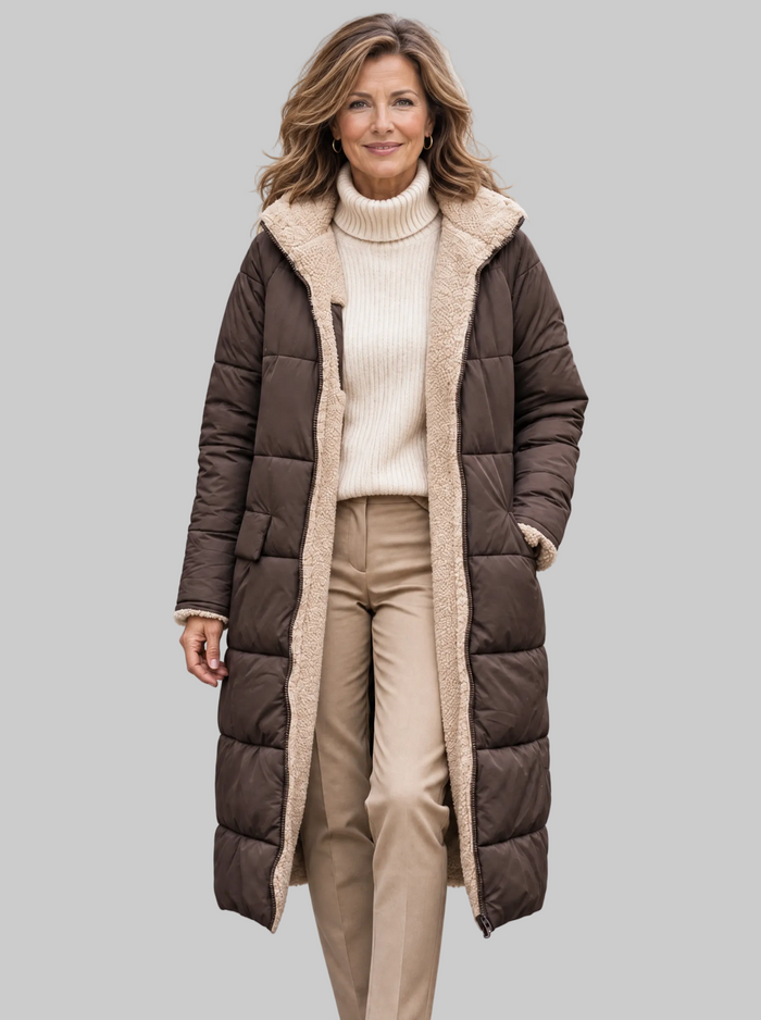 Women's Long Hooded Puffer Coat with Sherpa Lining in Brown