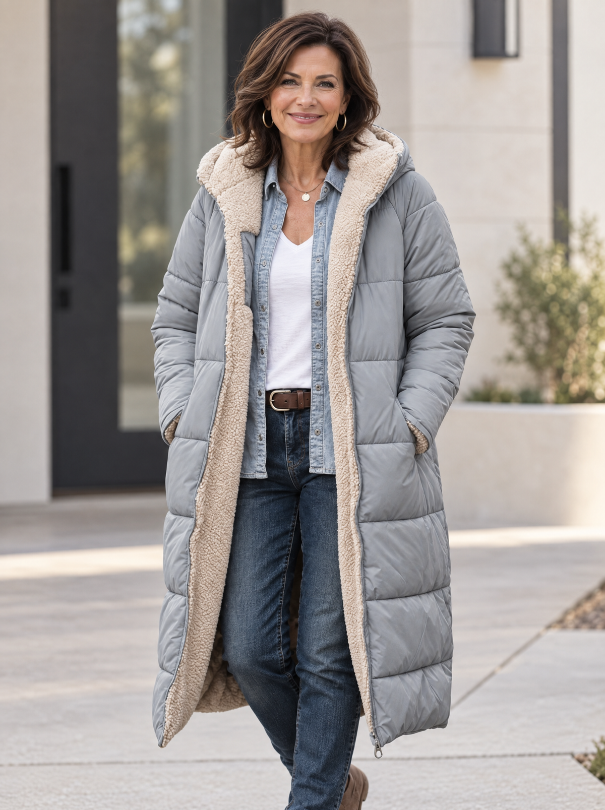 Women's Long Hooded Puffer Coat with Sherpa Lining in Grey