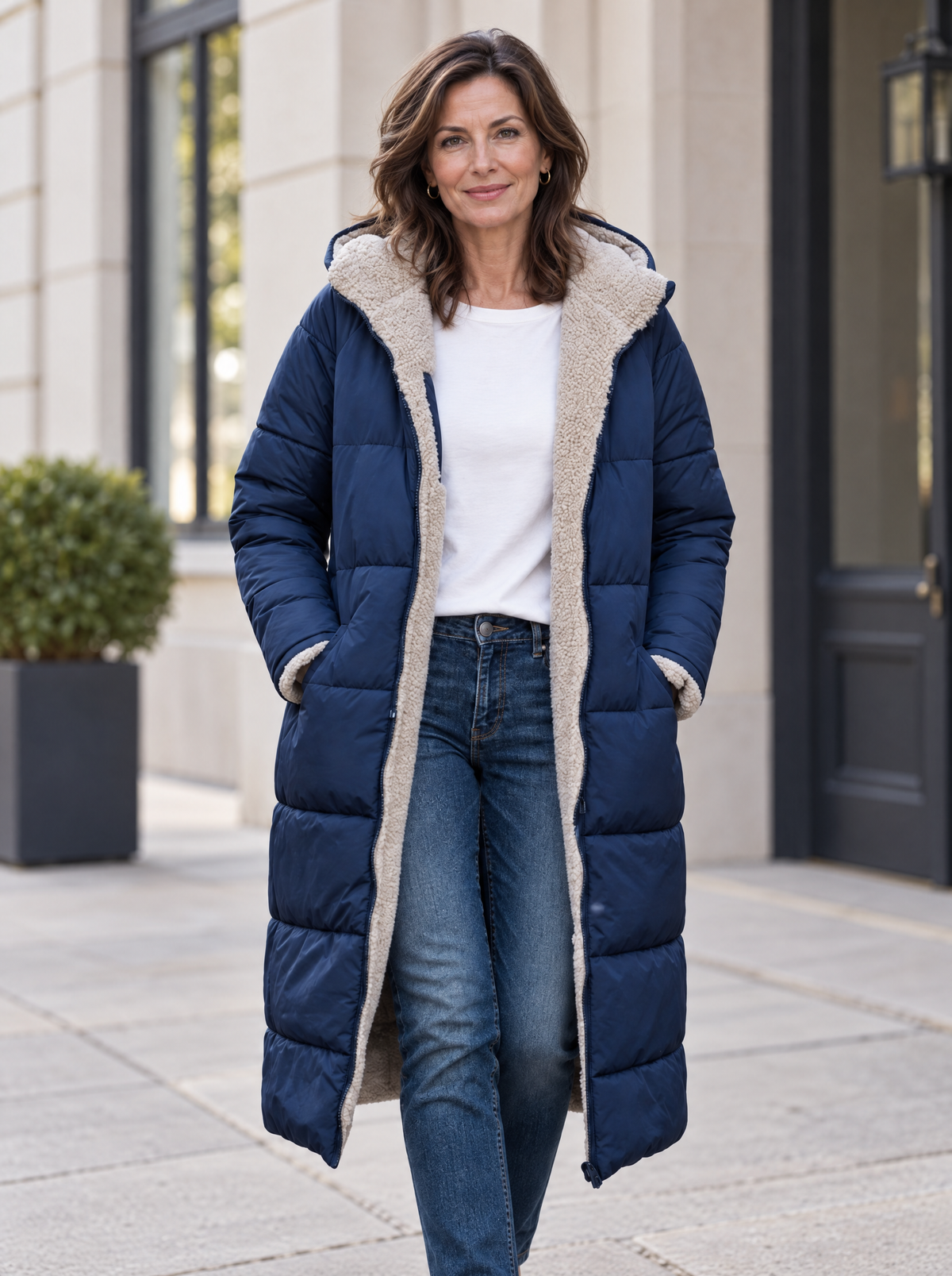 Women's Long Hooded Puffer Coat with Sherpa Lining in Navy Blue