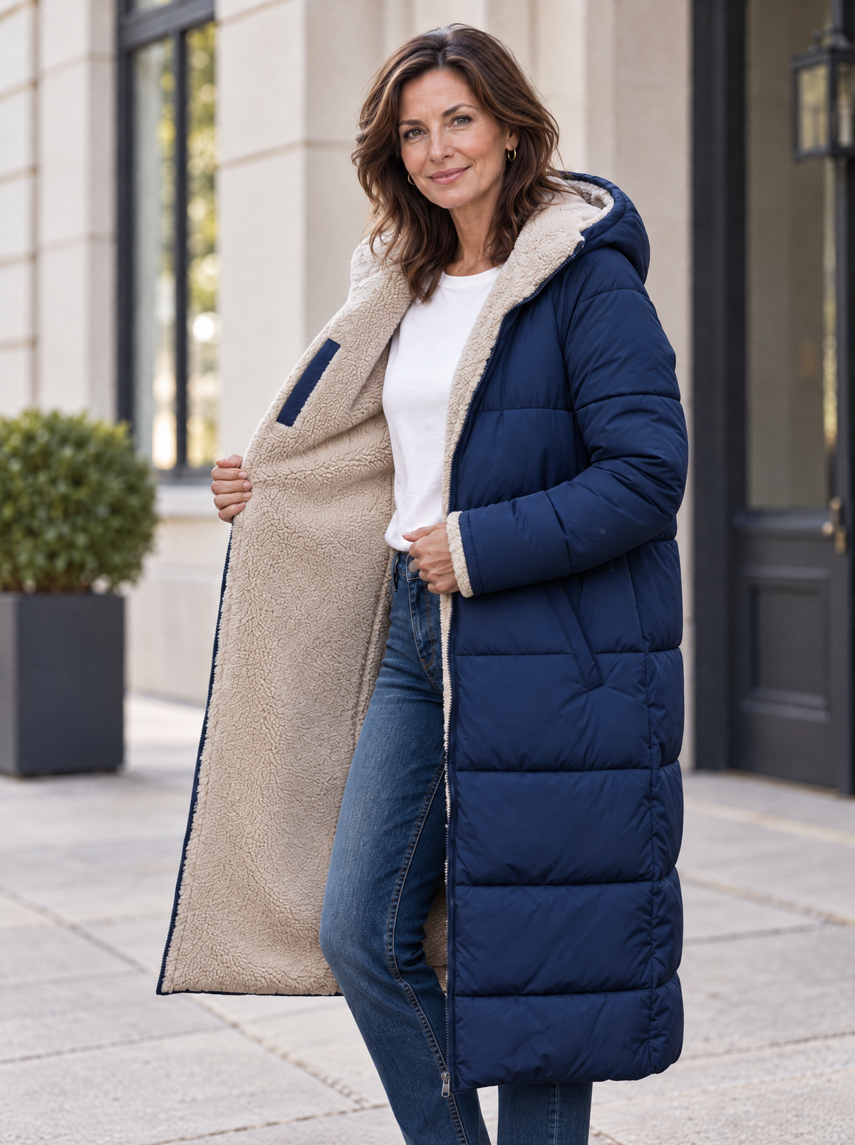 Women's Long Hooded Puffer Coat with Sherpa Lining in Navy Blue, open front