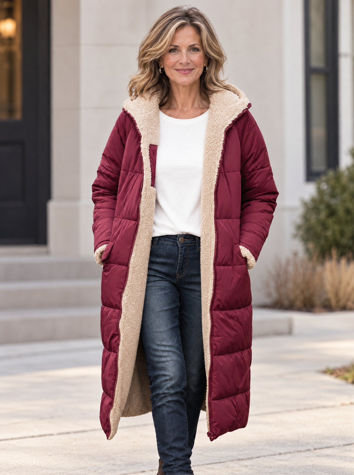 Women's Long Hooded Puffer Coat with Sherpa Lining in Burgundy