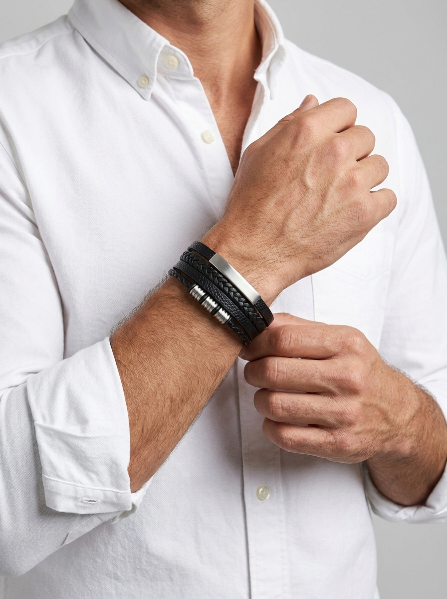 Men's Braided Leather Bracelet Stylish Everyday Accessory Adjustable Casual