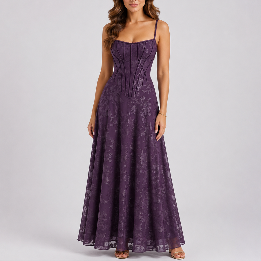 Women's Floral Embroidered Maxi Dress Sleeveless V-Neck Fitted Elegant Occasion