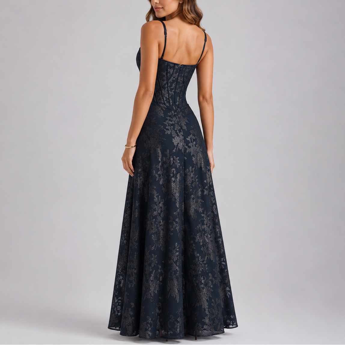 Women's Floral Embroidered Maxi Dress Sleeveless V-Neck Fitted Elegant Occasion