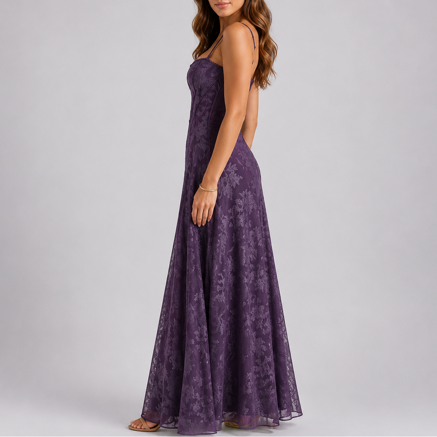 Women's Floral Embroidered Maxi Dress Sleeveless V-Neck Fitted Elegant Occasion