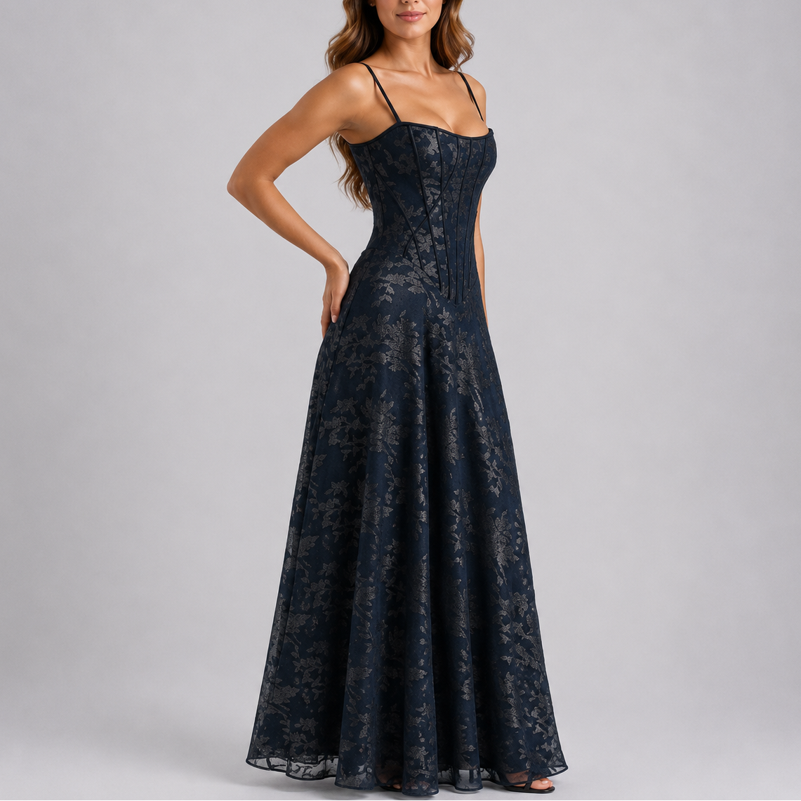 Women's Floral Embroidered Maxi Dress Sleeveless V-Neck Fitted Elegant Occasion