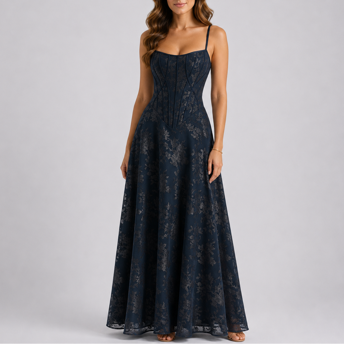 Women's Floral Embroidered Maxi Dress Sleeveless V-Neck Fitted Elegant Occasion