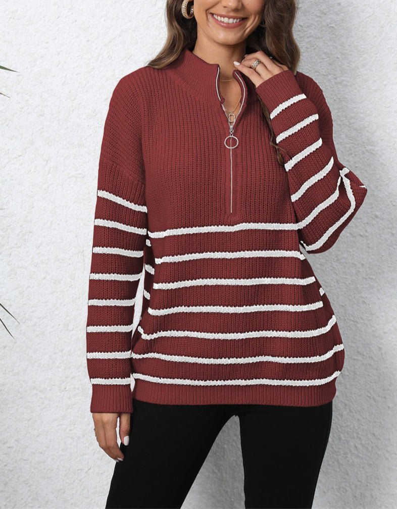 Women's Striped Knit Sweater Half-Zip Collar Drop Shoulders Relaxed Fit Casual