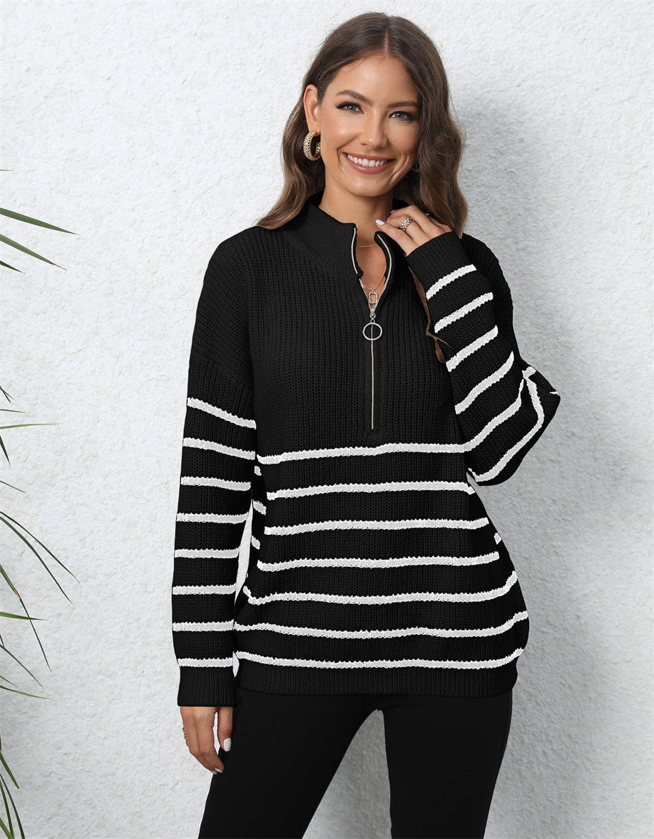Women's Striped Knit Sweater Half-Zip Collar Drop Shoulders Relaxed Fit Casual