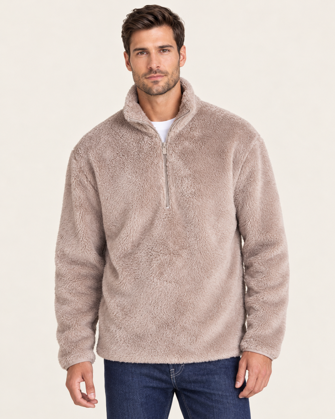 Men's Teddy Fleece Half Zip Jumper with Stand Collar in Dark Beige