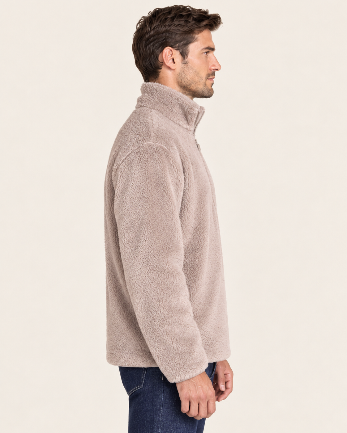Men's Teddy Fleece Half Zip Jumper with Stand Collar in Dark Beige, side view
