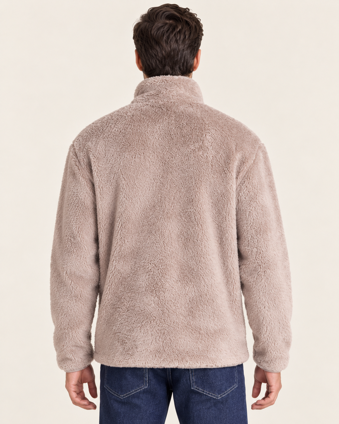 Men's Teddy Fleece Half Zip Jumper with Stand Collar in Dark Beige, back view