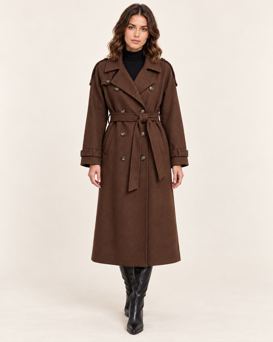 Women's Long Wool Blend Trench Coat with Belt in Brown in Brown