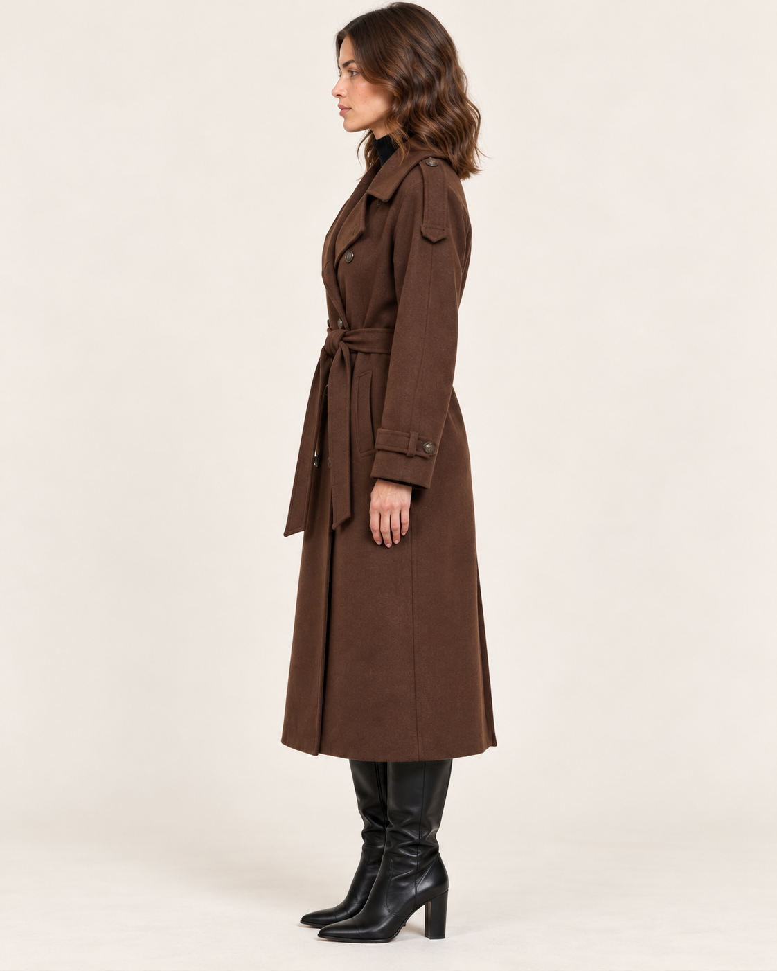 Women's Long Wool Blend Trench Coat with Belt in Brown in Brown, side view