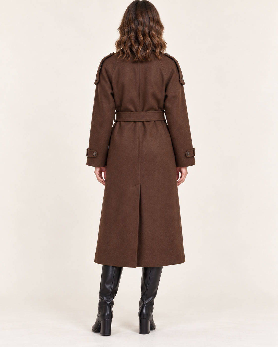 Women's Long Wool Blend Trench Coat with Belt in Brown in Brown, back view
