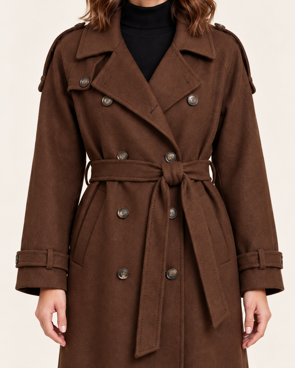 Women's Long Wool Blend Trench Coat with Belt in Brown in Brown, belt and button detail