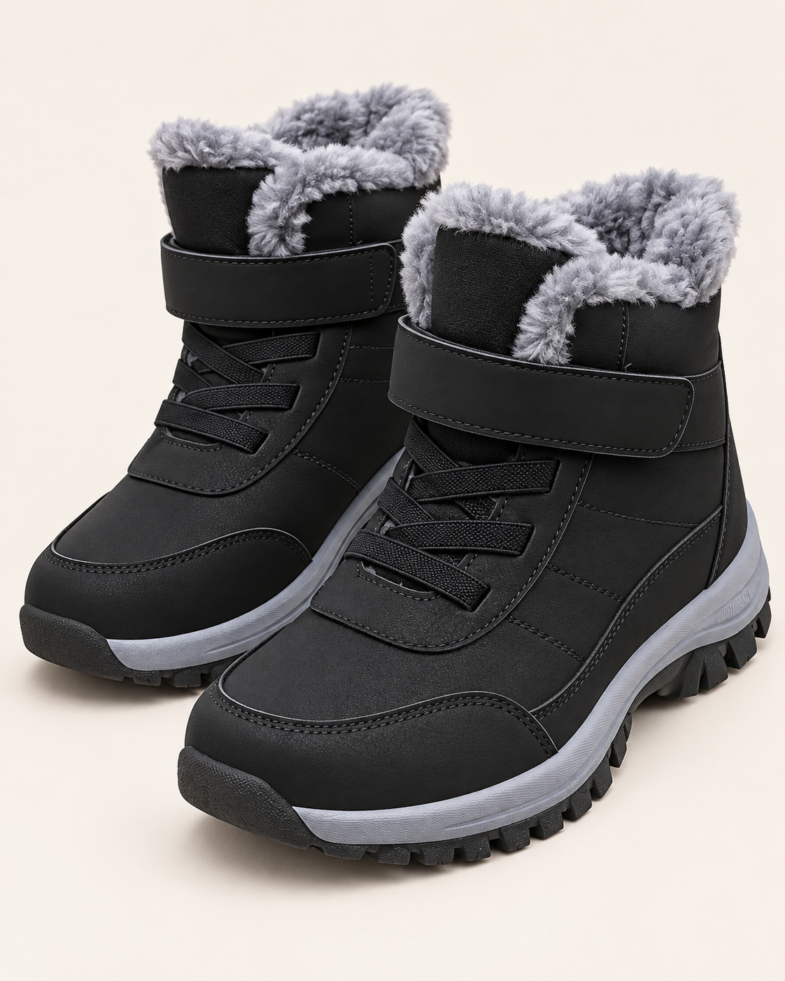 Unisex Fleece Lined Ankle Boots with Hook and Loop Strap in Black, three quarter view