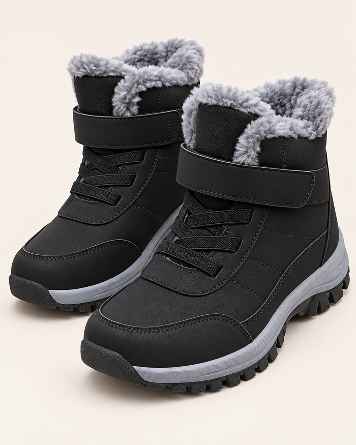 Unisex Fleece Lined Ankle Boots with Hook and Loop Strap in Black, three quarter view