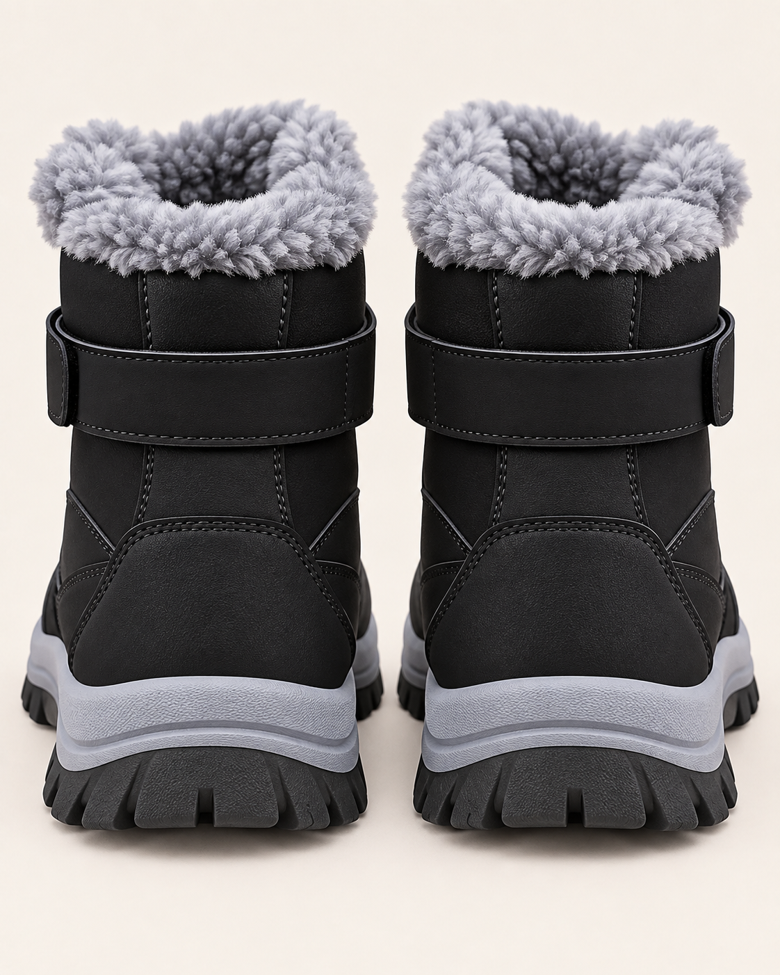 Unisex Fleece Lined Ankle Boots with Hook and Loop Strap in Black, back view